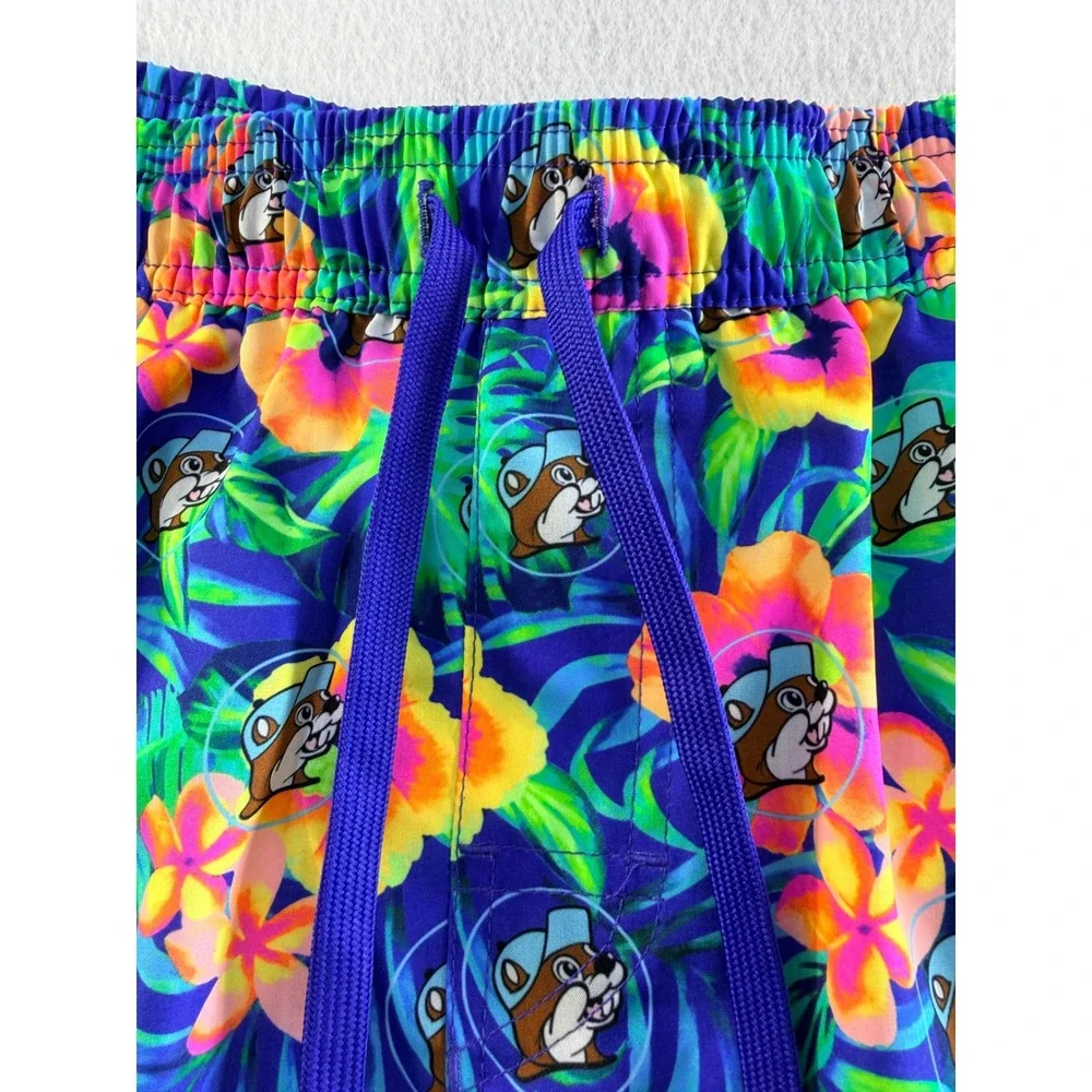Buc-ees Mens XL Tropical Space Beaver Swim Trunks Blue Floral Shorts L Large